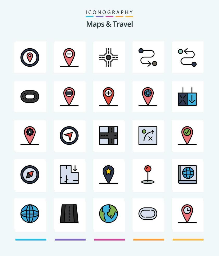 creativo mapas viaje 25 línea lleno icono paquete tal como geo. más. la carretera. agregar. rueda de andar vector