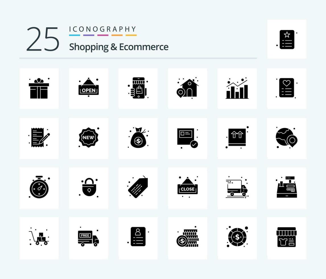 Shopping  Ecommerce 25 Solid Glyph icon pack including shopping. chart. shop. analytics. house vector