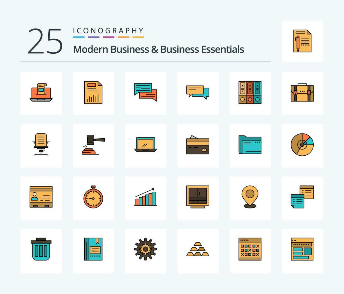 Modern Business And Business Essentials 25 Line Filled icon pack including communication. bubble. business. chat. paper vector