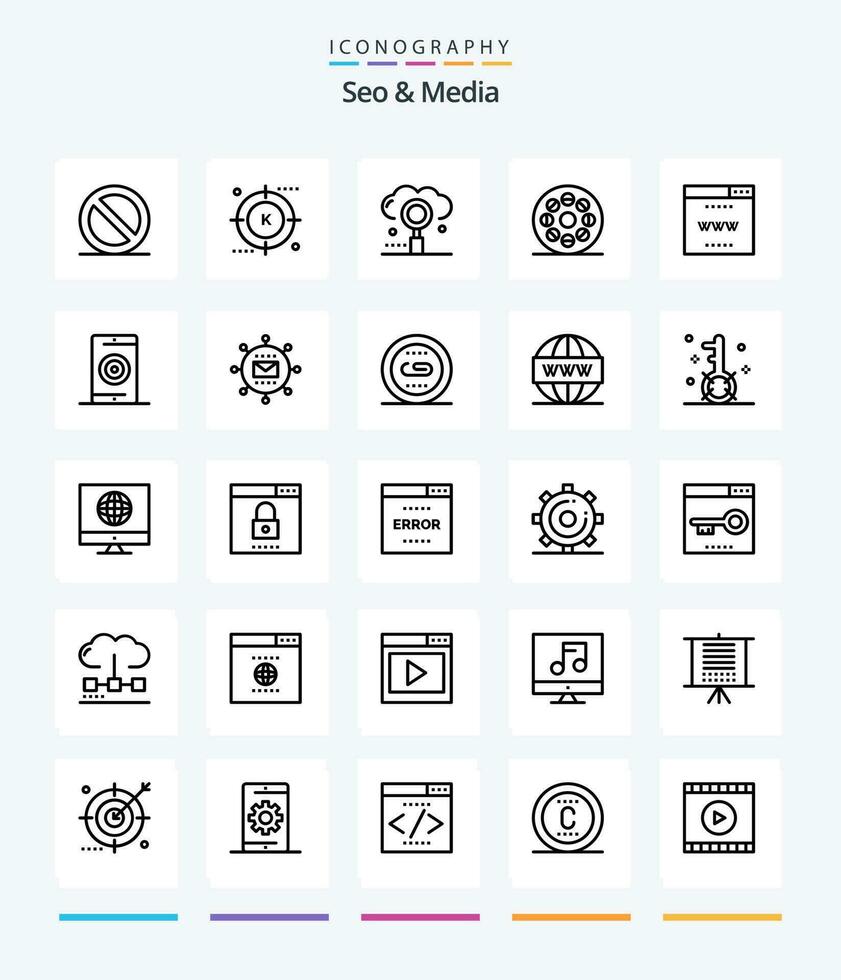 Creative Seo  Media 25 OutLine icon pack  Such As internet. roll. cloud. movie. search vector