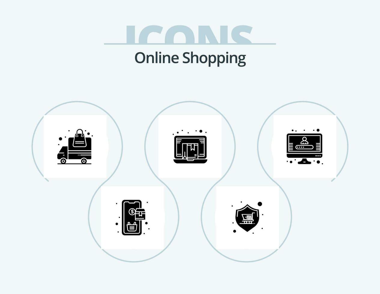 en línea compras glifo icono paquete 5 5 icono diseño. en línea. comercio electrónico garantía. soltar expedidor. orden vector