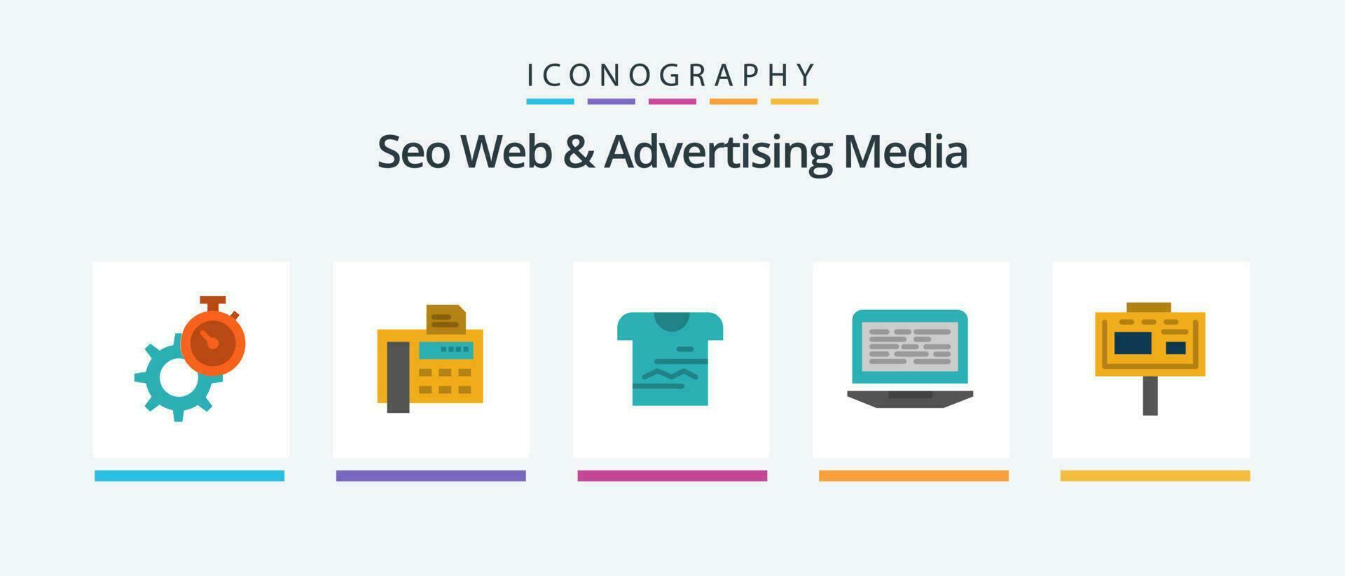 seo web y publicidad medios de comunicación plano 5 5 icono paquete incluso computadora. código. fax máquina. codificación. uniforme. creativo íconos diseño vector