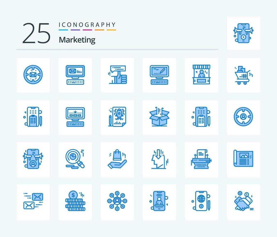 Marketing 25 Blue Color icon pack including bag. markiting. finger. keyboard. thumb vector