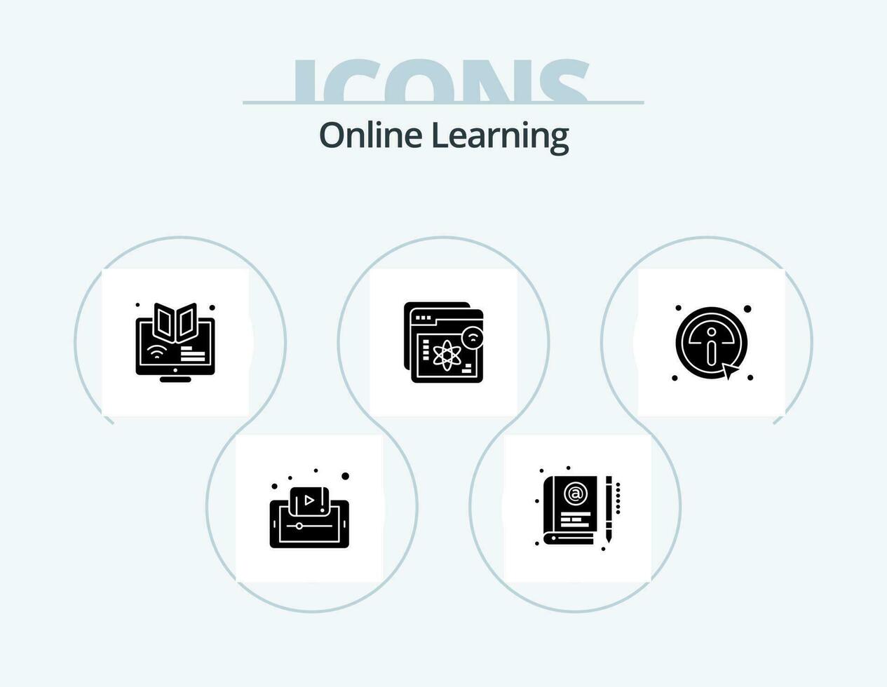 Online Learning Glyph Icon Pack 5 Icon Design. e-learning. website. education. course. webinar vector