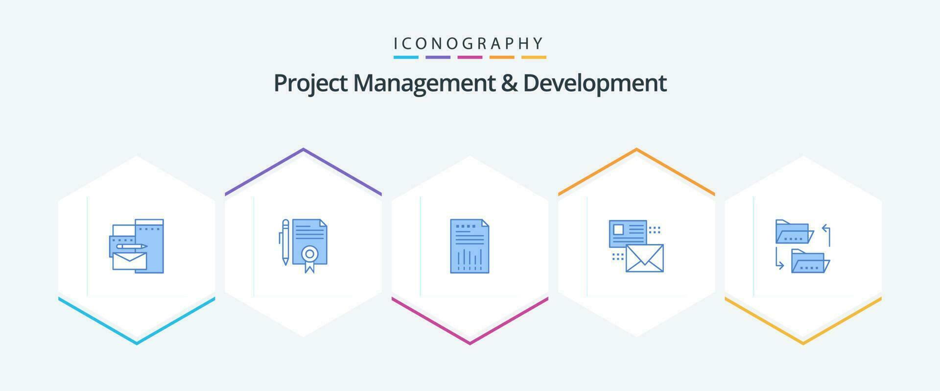 Project Management And Development 25 Blue icon pack including conversation. report. page. paper. financial vector