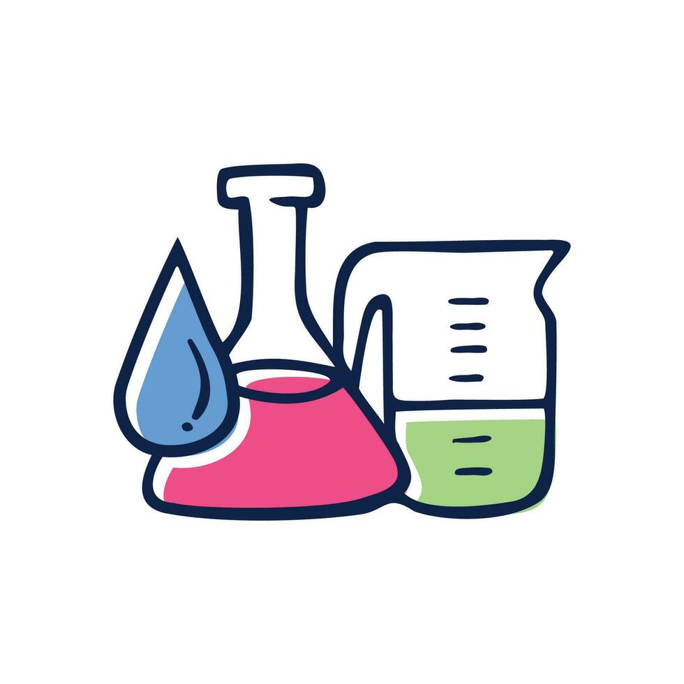 Hand drawn illustration of chemical liquids in a chemical tube and measuring glass vector