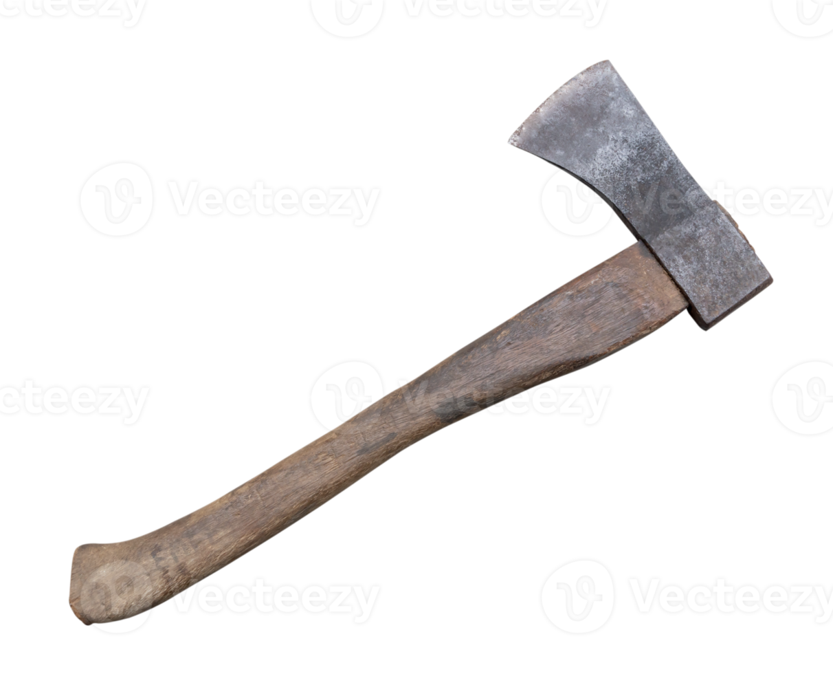 Old rust dirty dark gray axe with brown wooden handle isolated with clipping path in png format