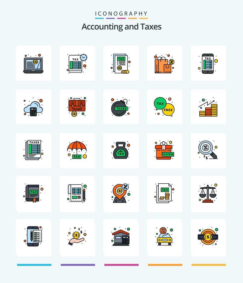 Creative Taxes 25 Line FIlled icon pack  Such As accounting. online banking. report. internet banking. shopping vector