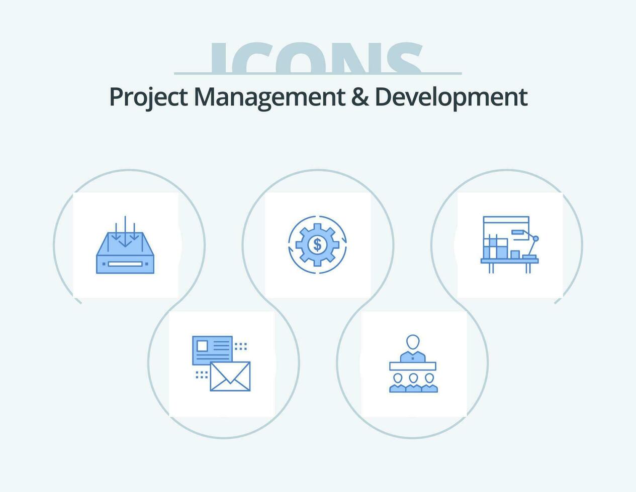 Project Management And Development Blue Icon Pack 5 Icon Design. earnings. revenue. office. parcel. container vector