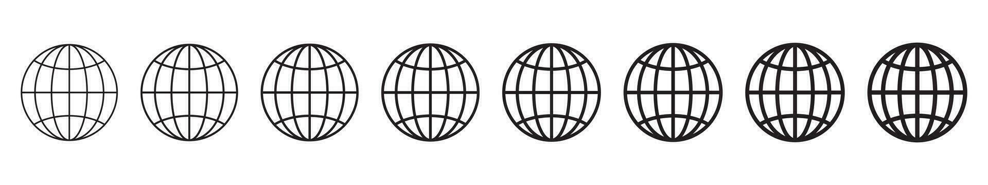 Globe icon, WWW world wide web set site symbol, Internet collection icon, website address globe, outline signs. vector