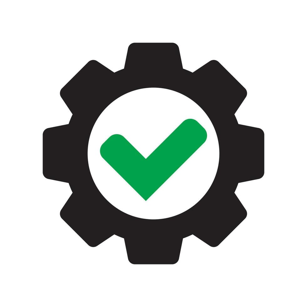 Check mark in gear icon, cog  with green check icon. vector