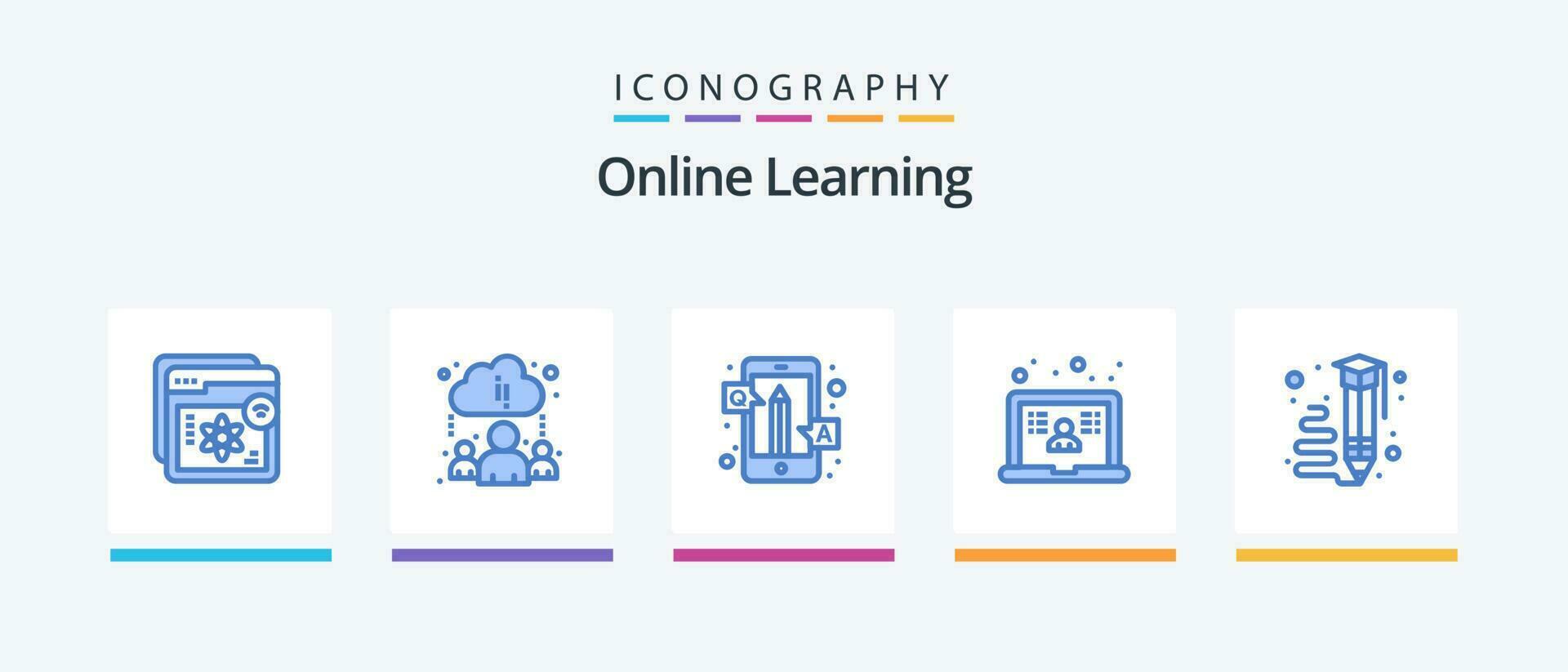 Online Learning Blue 5 Icon Pack Including art. school. answers. learning. questions. Creative Icons Design vector