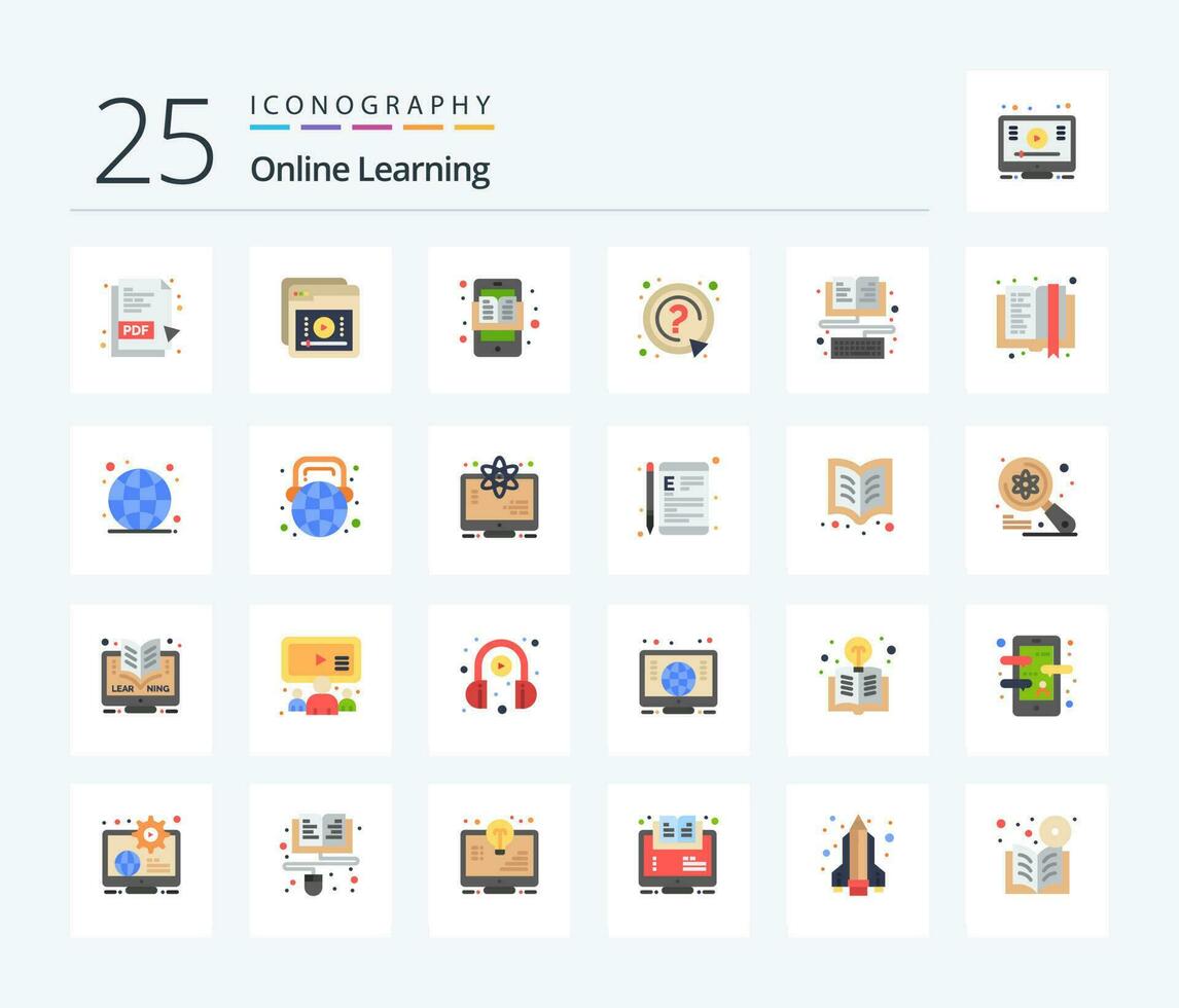 Online Learning 25 Flat Color icon pack including ebook. support. education. question. ask vector