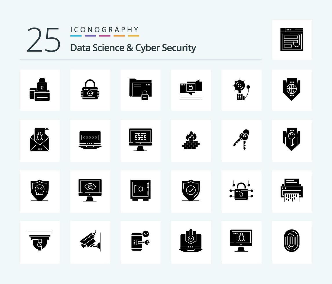 Data Science And Cyber Security 25 Solid Glyph icon pack including security. chat. security. secure. password vector