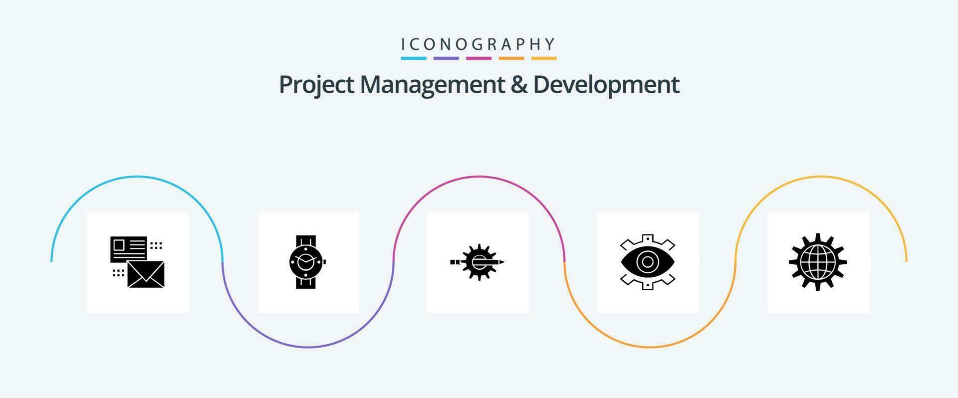 Project Management And Development Glyph 5 Icon Pack Including creative. production. phone. gear. design vector