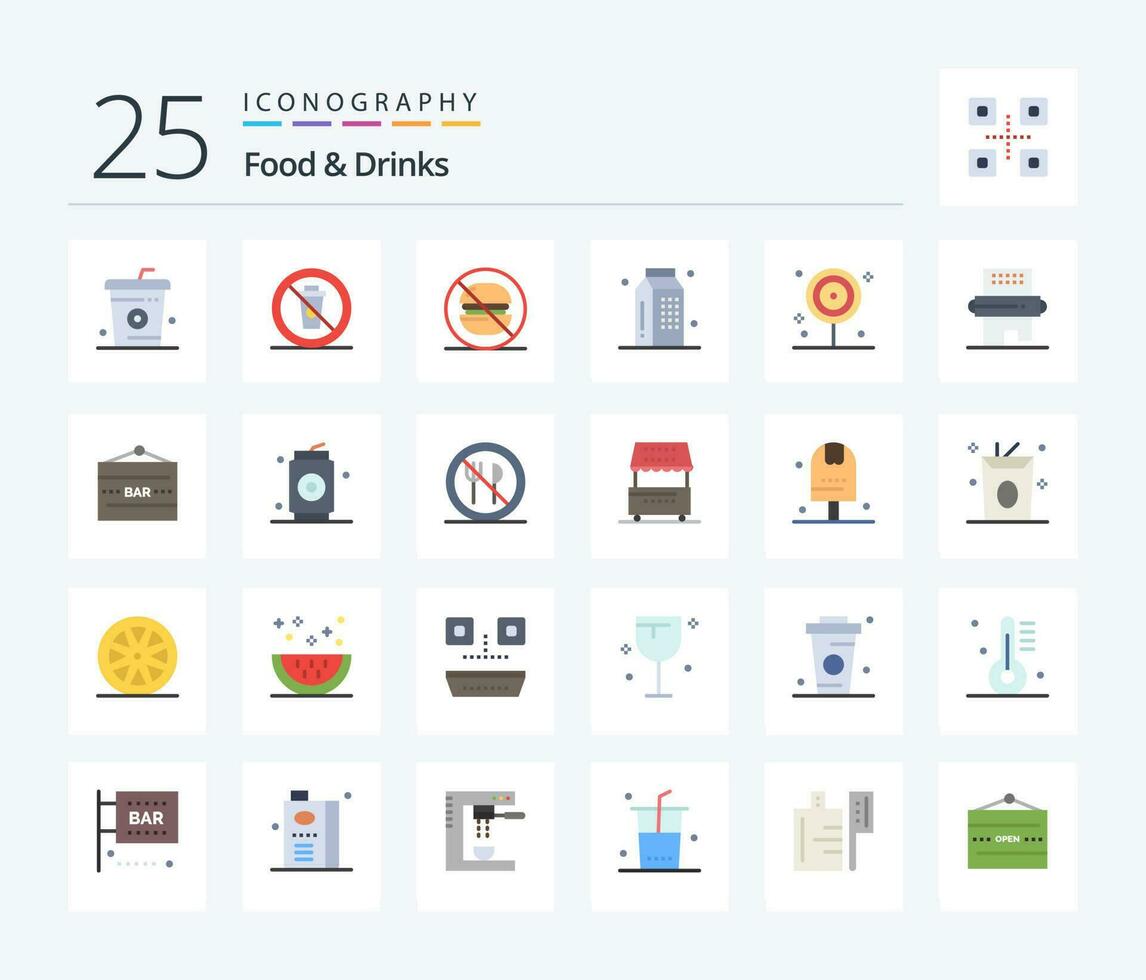 Food  Drinks 25 Flat Color icon pack including meal. drinks. no. cooking. label vector