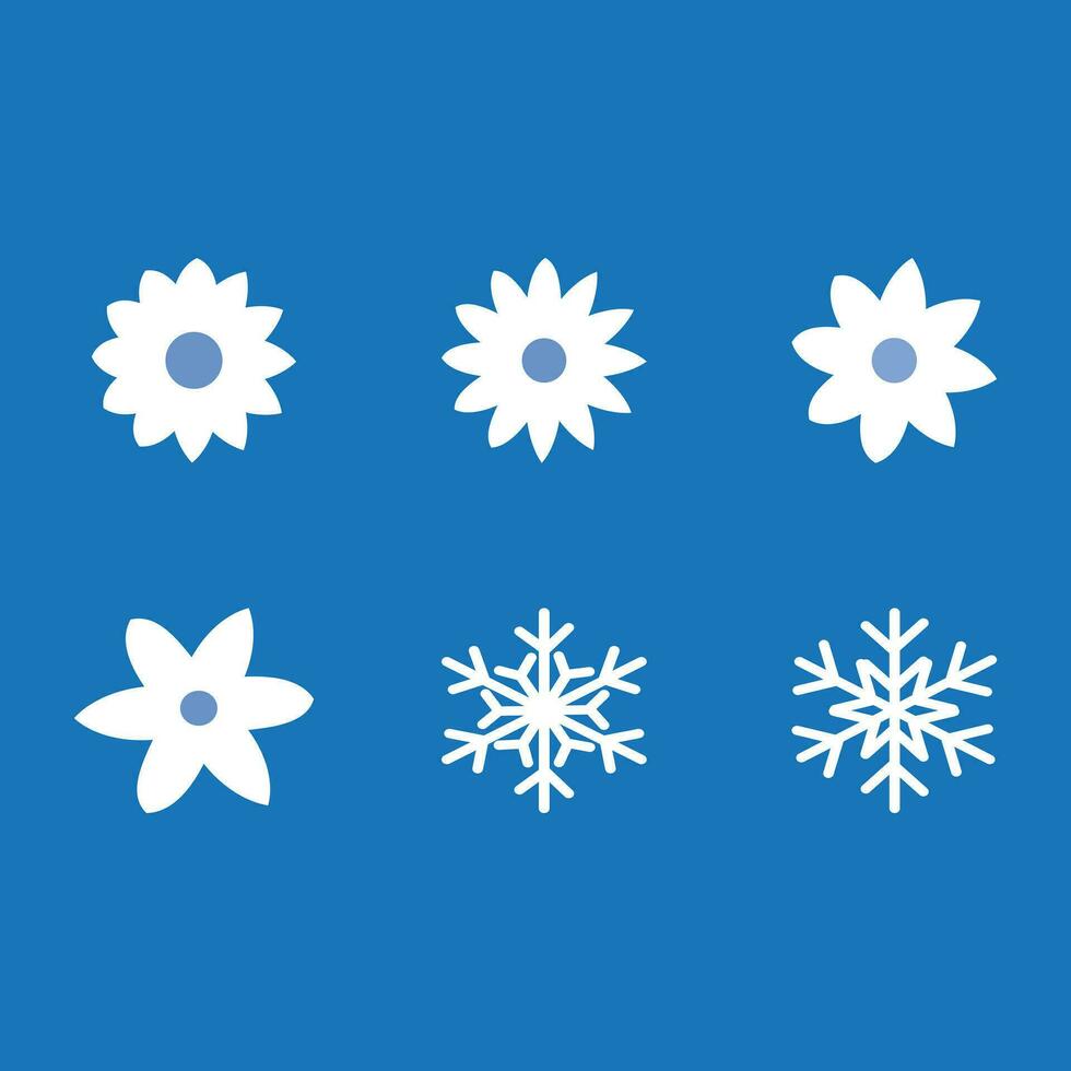 Snowflakes icons set. Vector illustration. White snowflakes on blue background. Snow design elements that represent winter for winter design purposes.