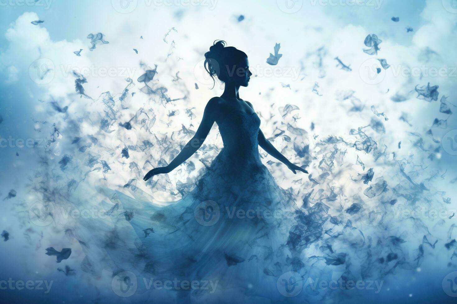 A young beautiful ballerina in a fluffy dress on stage in clouds of smoke and spotlights. Generated by artificial intelligence photo