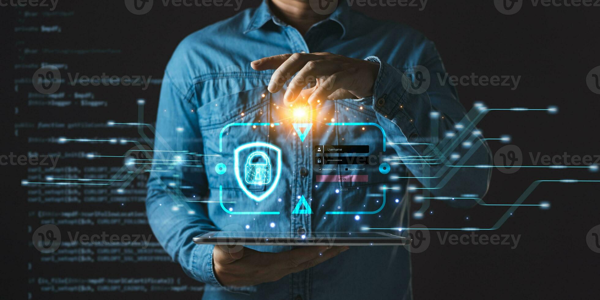 Businessman protecting personal data on tablet with virtual screen interfaces. Cybersecurity and privacy concepts to protect data. Lock icon and internet network security technology. photo