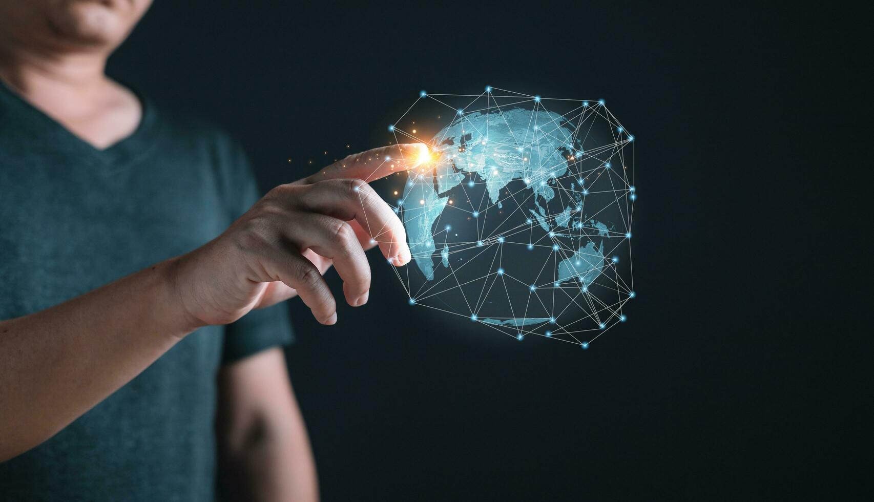 Hologram world and networked connections in the hands of businessmen.Big data analytics and business intelligence concept. Digital link tech.information technology exchange and innovation transform. photo