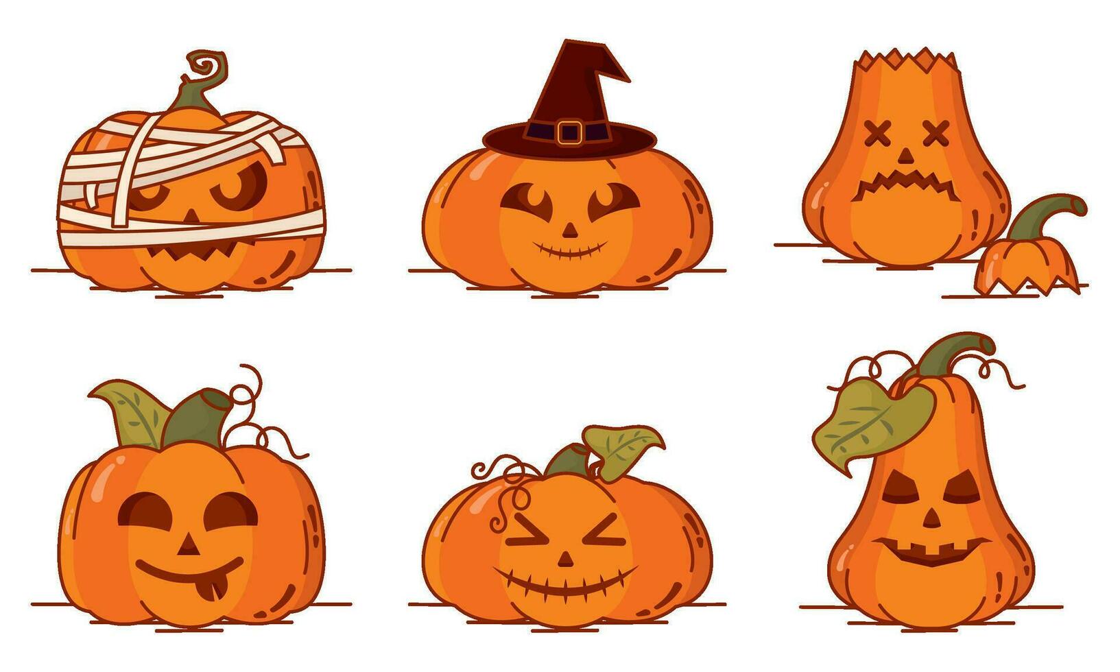 Set of spooky carved halloween pumpkin icons Vector illustration