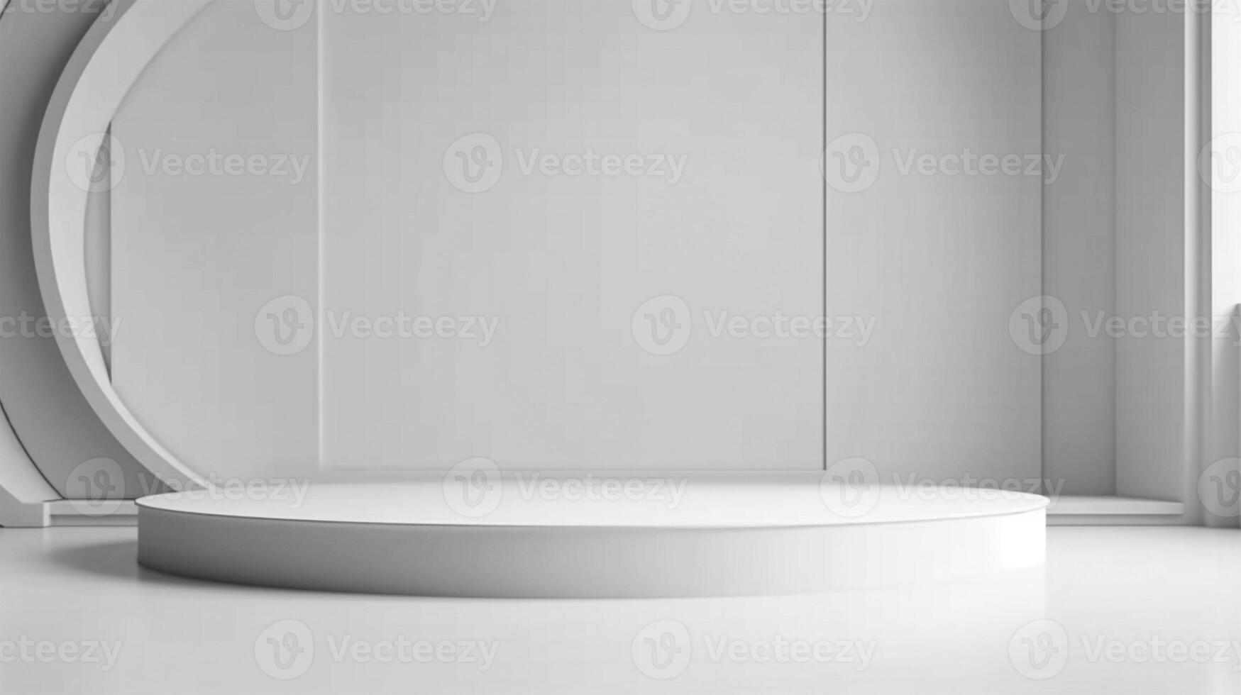 Abstract white studio with podium background for product presentation. Empty gray room with shadows of window. Display product with blurred backdrop. Generative Ai. photo