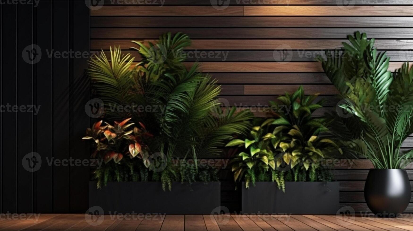 lujo y acogedor interior madera pared panel y piso, plantas, hojas, verde 3d hacer ilustración. ai generativo. foto