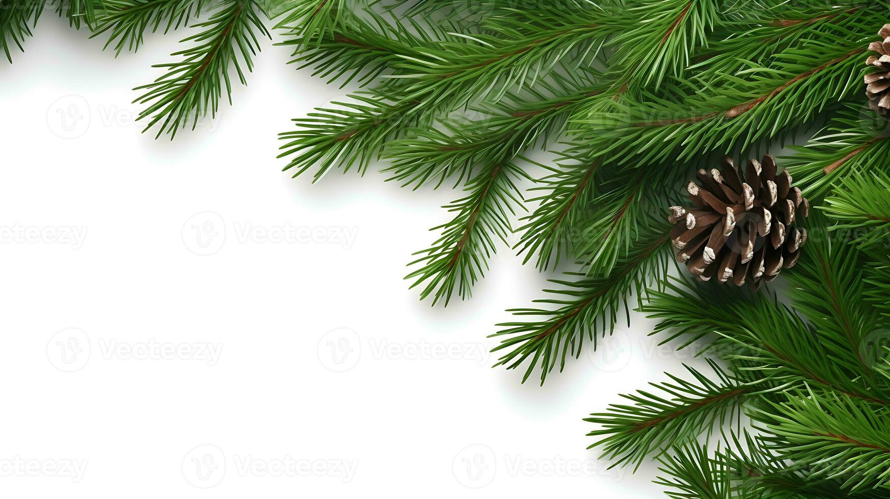 Christmas background with xmas tree and fir cones on white background. Space for text. Generative AI photo