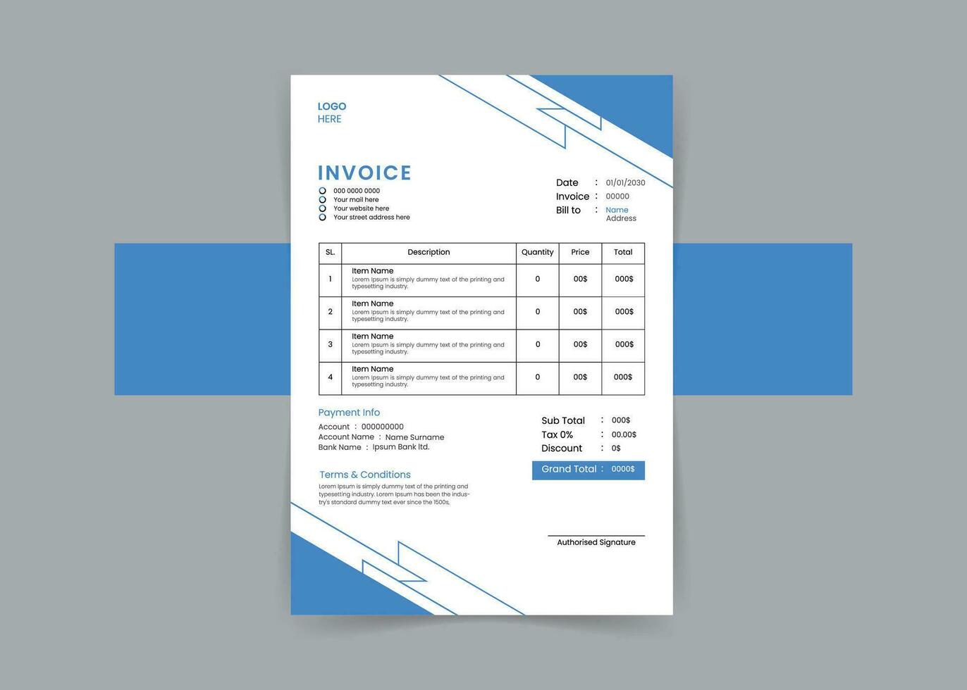 creative A4 size blue color invoice design template vector