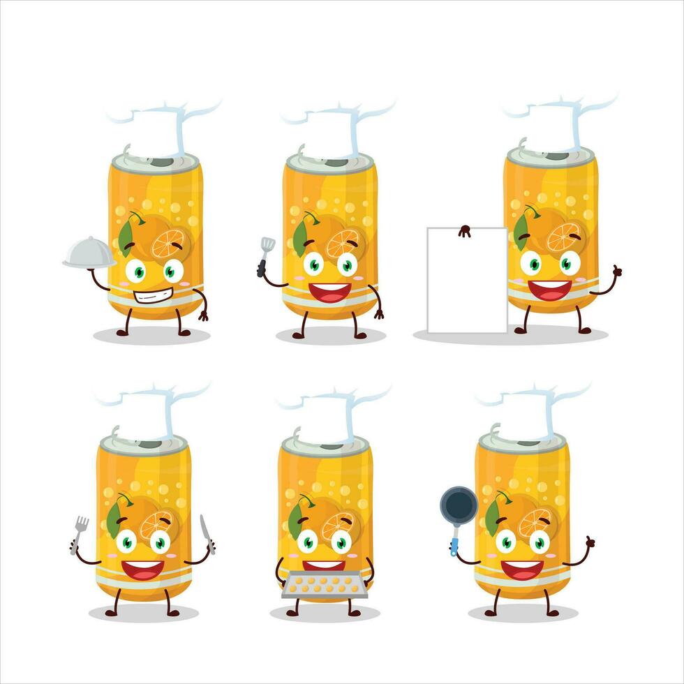Cartoon character of orange soda can with various chef emoticons vector