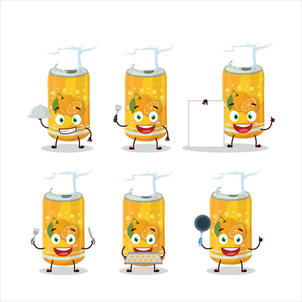 dibujos animados personaje de naranja soda lata con varios cocinero emoticones vector