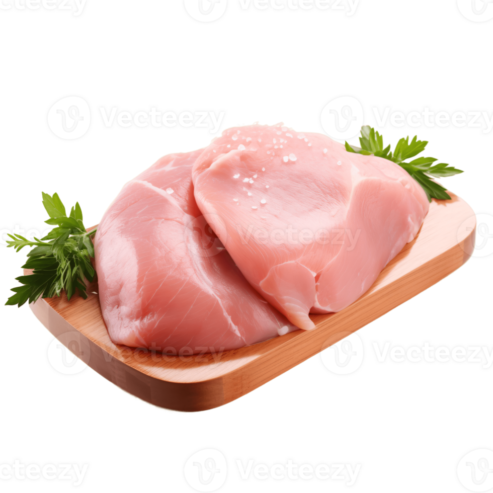 ai generative Raw chicken, turkey breast on wooden cutting board isolated on transparent background png