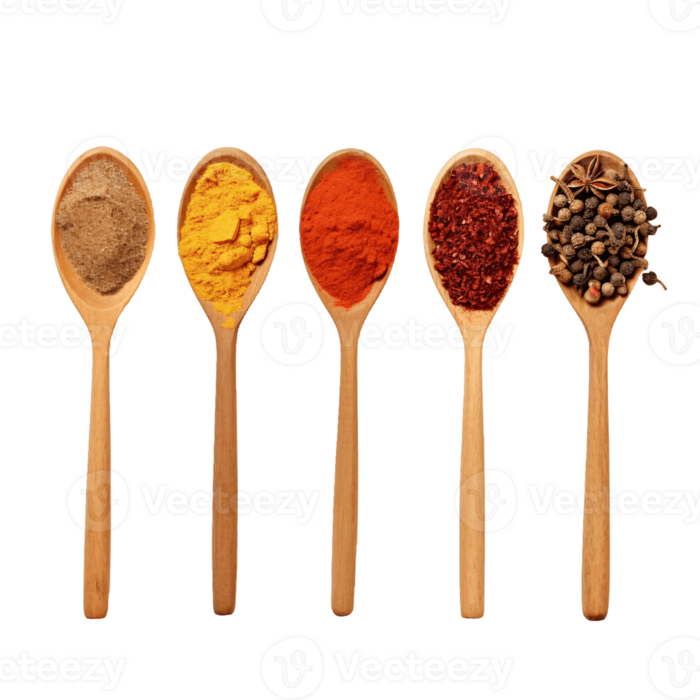ai generative Various spices on spoon isolated on transparent background png