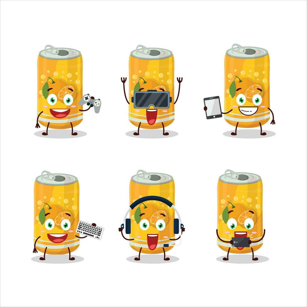 Orange soda can cartoon character are playing games with various cute emoticons vector