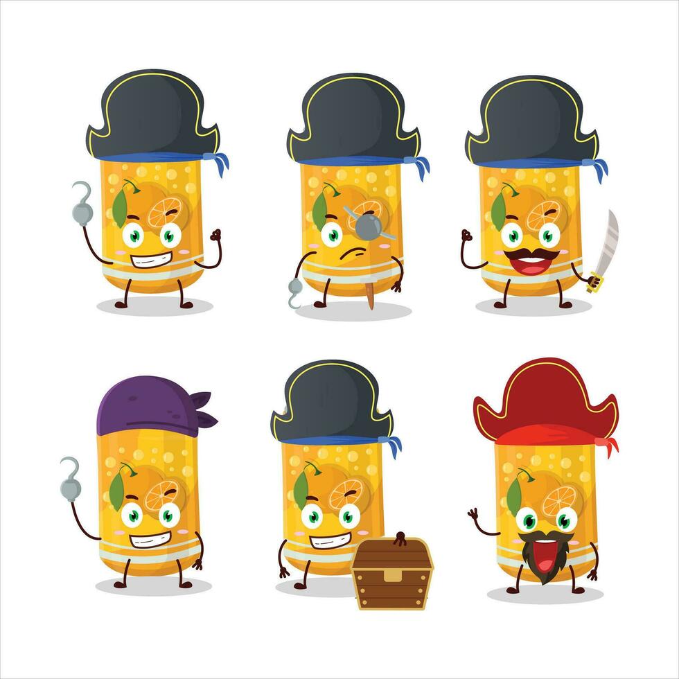 Cartoon character of orange soda can with various pirates emoticons vector