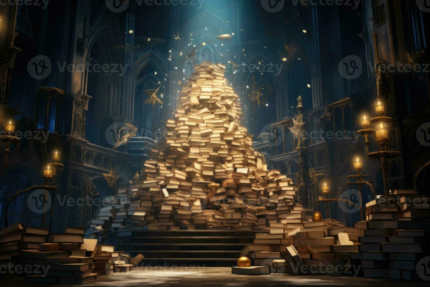 A large pile of books in the library in the rays of light. Knowledge concept. Generated by artificial intelligence photo
