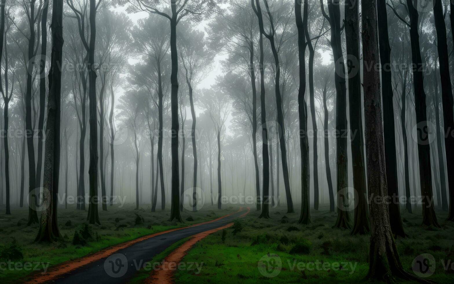 calzada en el oscuro bosque rodeado por arboles y grueso niebla. ai generativo foto