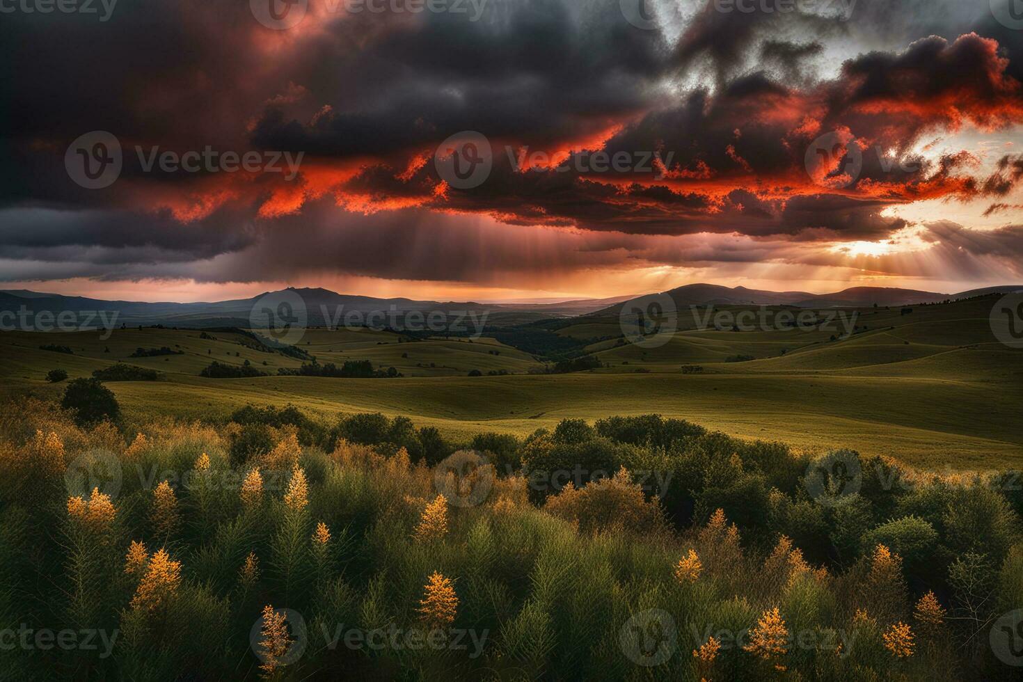 Rays of light magical sunset over hills valley created with ai generative photo