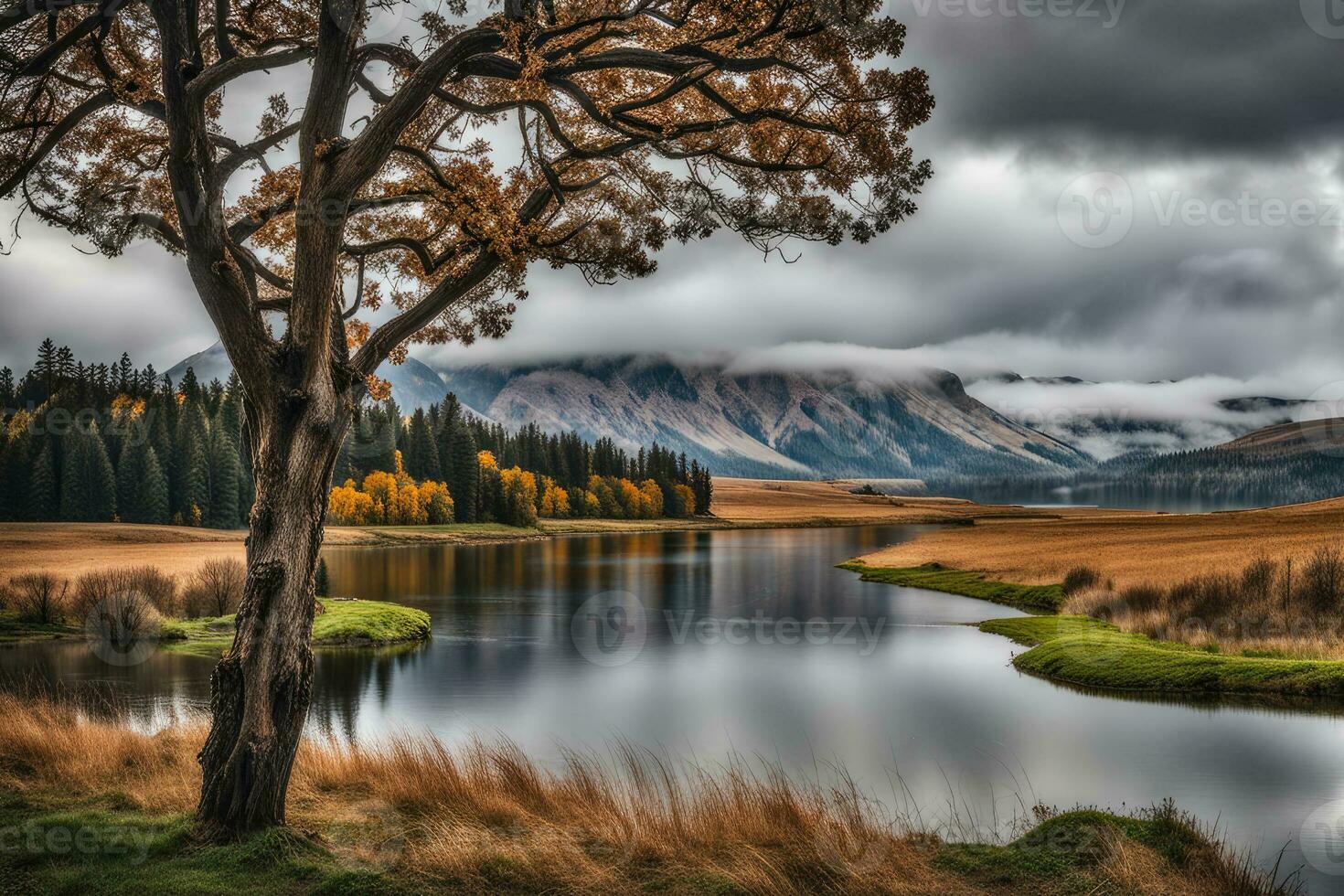 Thick clouds over nature landscape reflection on serene water created with ai generative photo