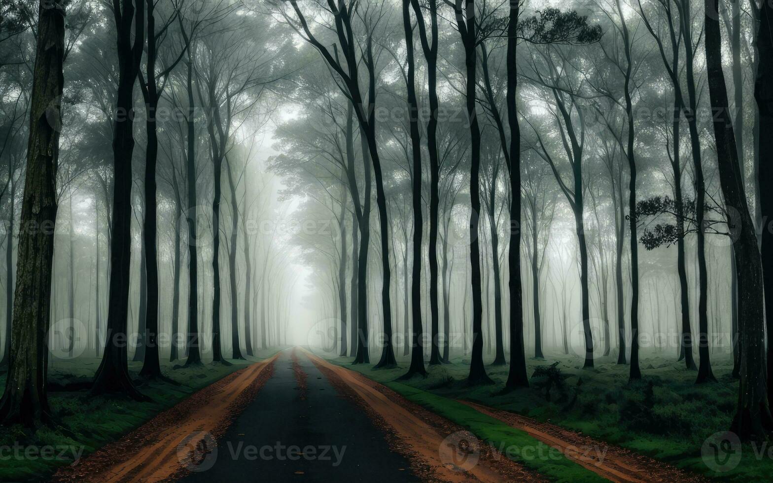 Roadway in the dark forest surrounded by trees and thick fog. AI Generative photo