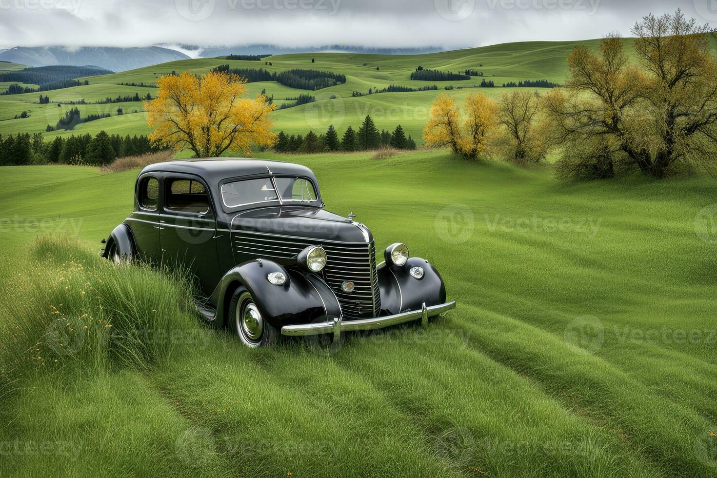 Vintage black car on meadow with landscape hills valley in the background. AI Generative photo