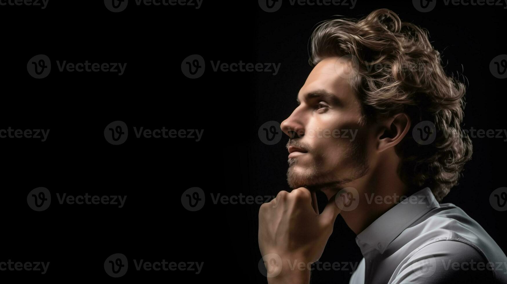 A German male architect looks to the left in a thinking pose AI generated photo