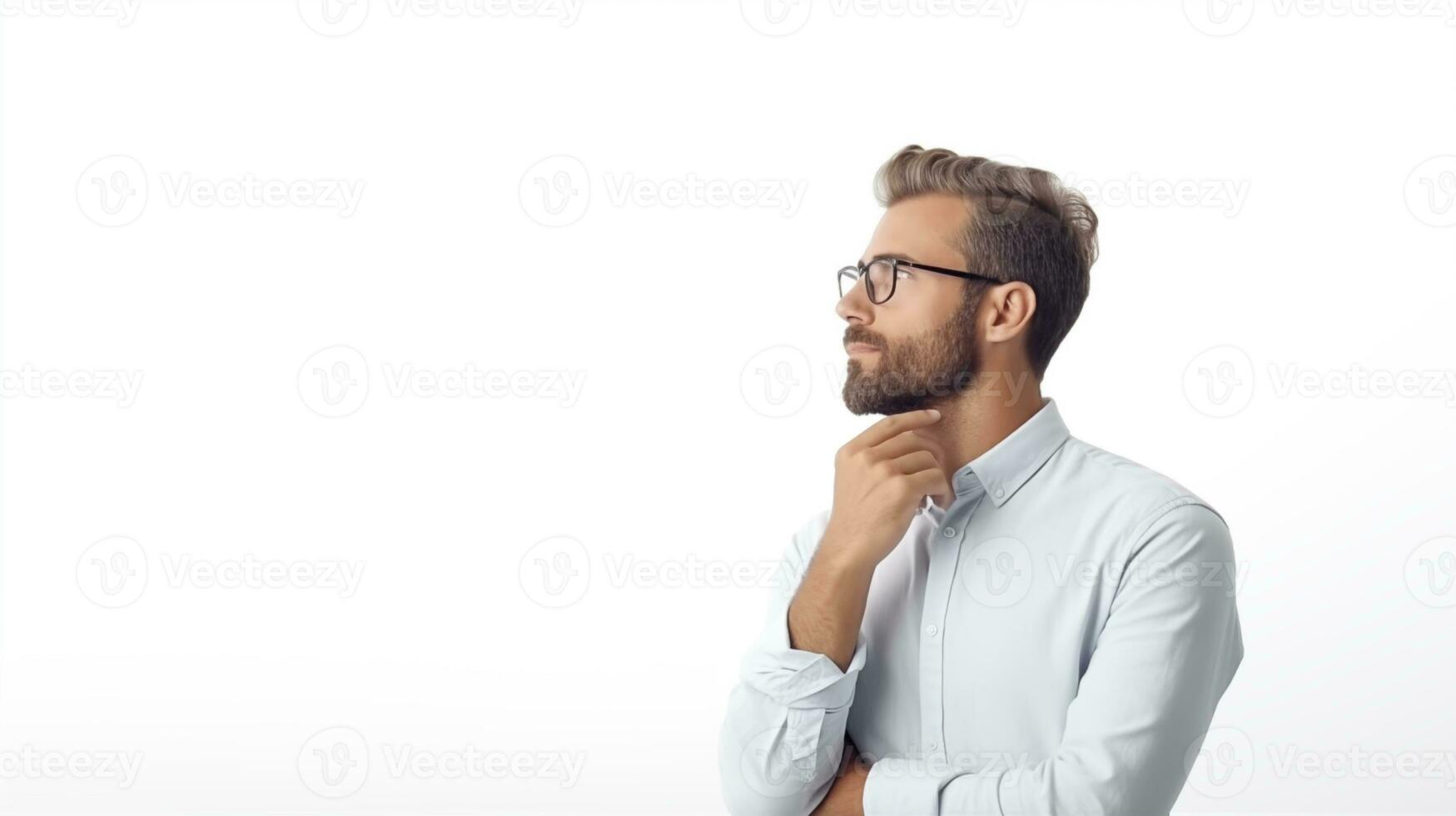 un alemán masculino arquitecto mira a el izquierda en un pensando actitud ai generado foto