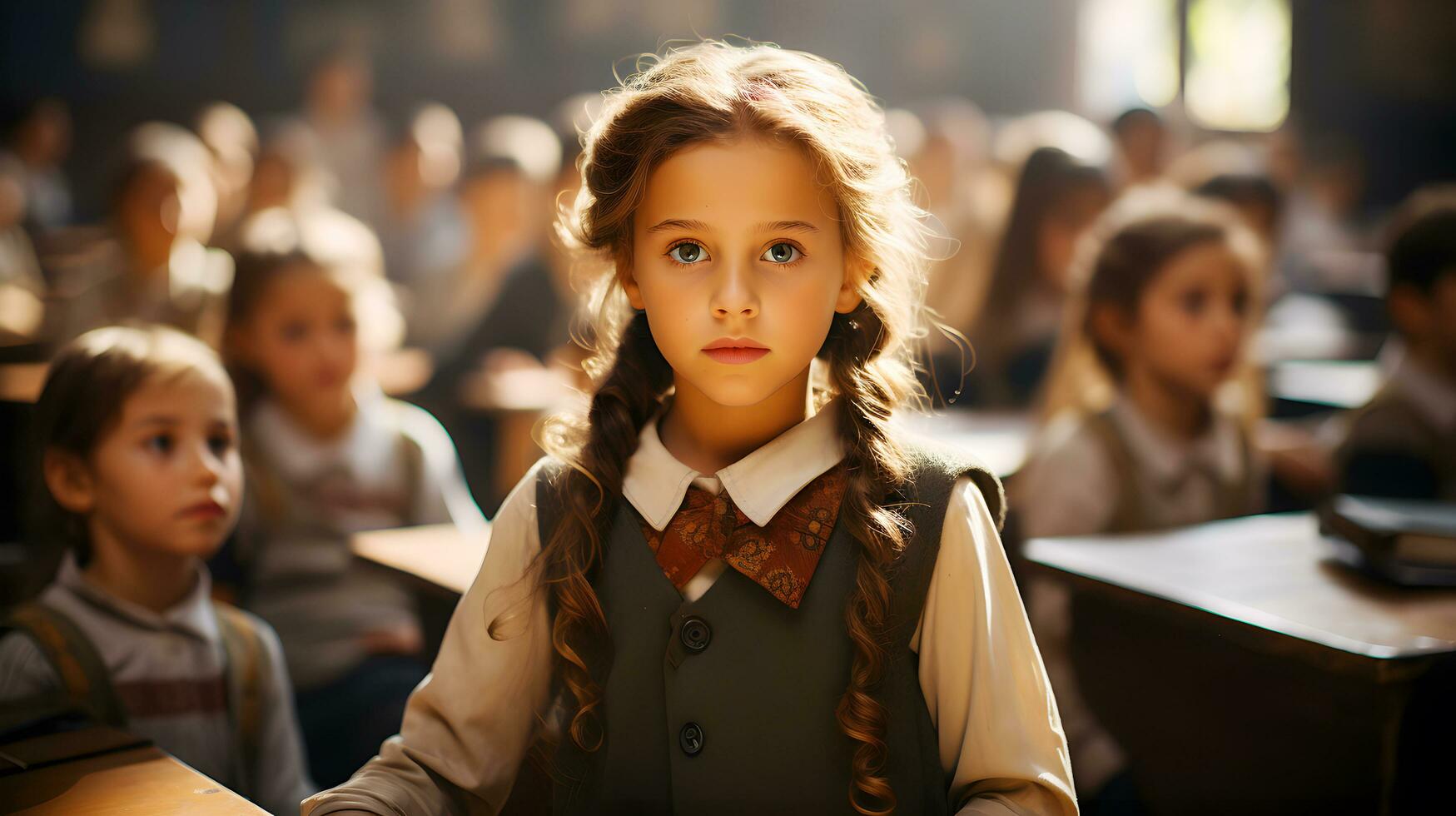 Elementary Classroom Caucasian children Listening for Teacher is teaching Lesson. Multiracial pupils of primary school education . Back to school concept. AI Generated photo