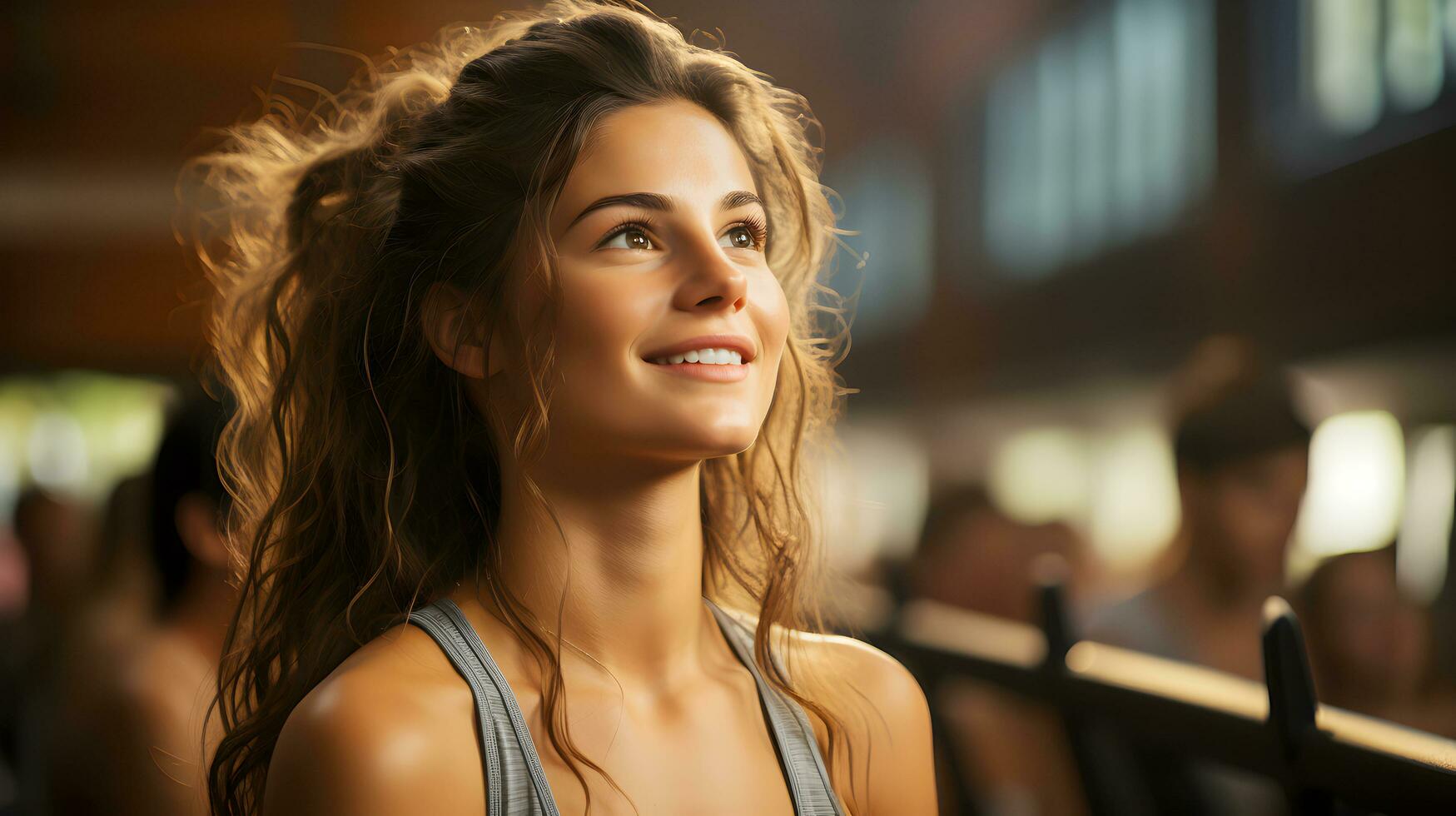 Smiling Caucasian fitness trainer woman is wearing sportswear in gym. AI Generated photo