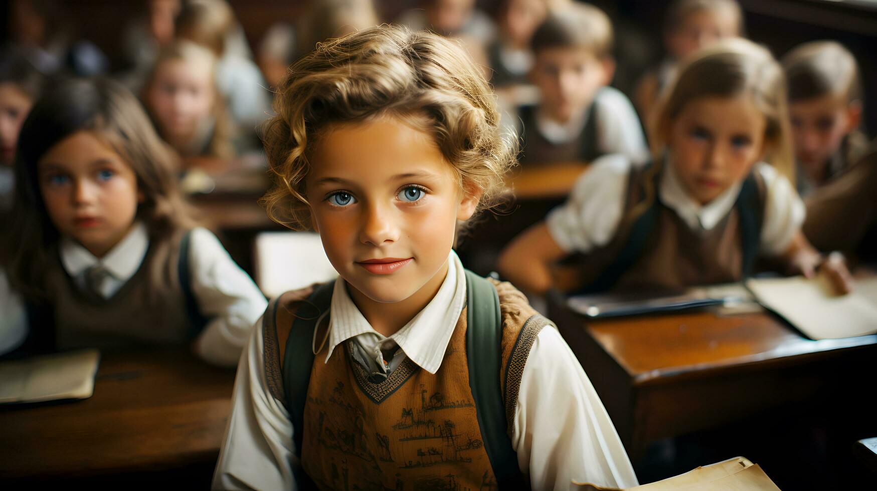 elemental salón de clases caucásico niños escuchando para profesor es enseñando lección. multirracial alumnos de primario colegio educación . espalda a colegio concepto. ai generado foto