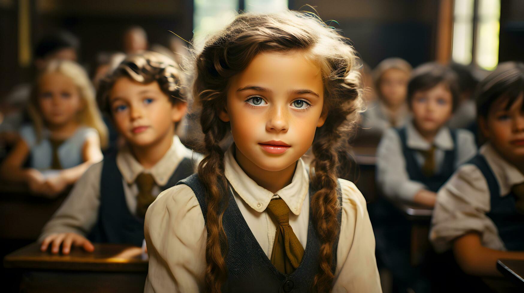 elemental salón de clases caucásico niños escuchando para profesor es enseñando lección. multirracial alumnos de primario colegio educación . espalda a colegio concepto. ai generado foto