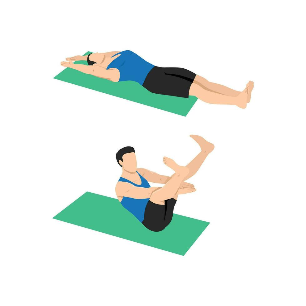 Man doing star crunch or crunches. Abdominals exercise. vector