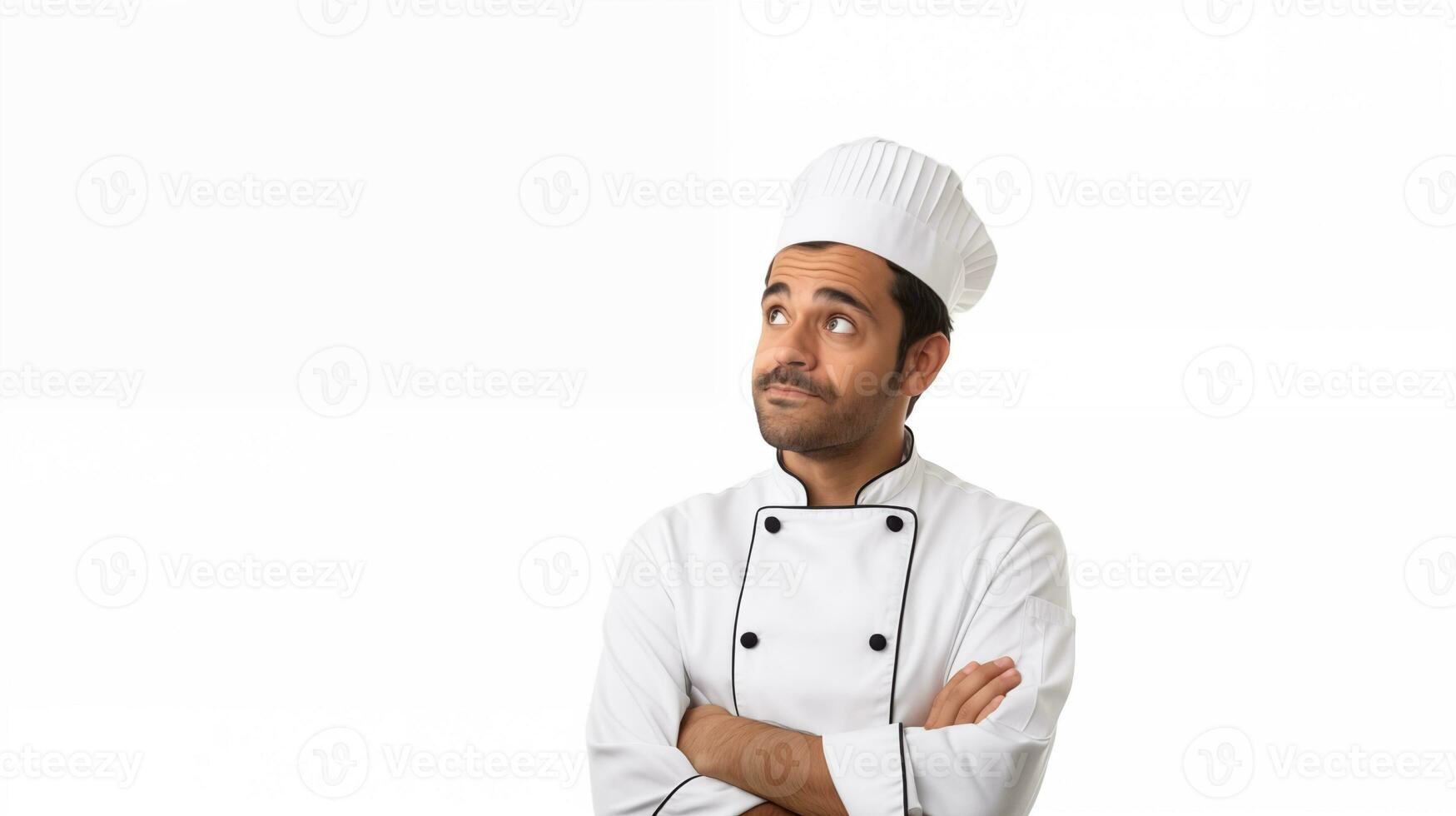 A Mexican male chef looks to the left in a thinking pose AI generated photo