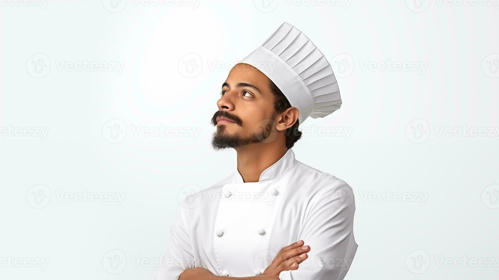 A Mexican male chef looks to the left in a thinking pose AI generated photo